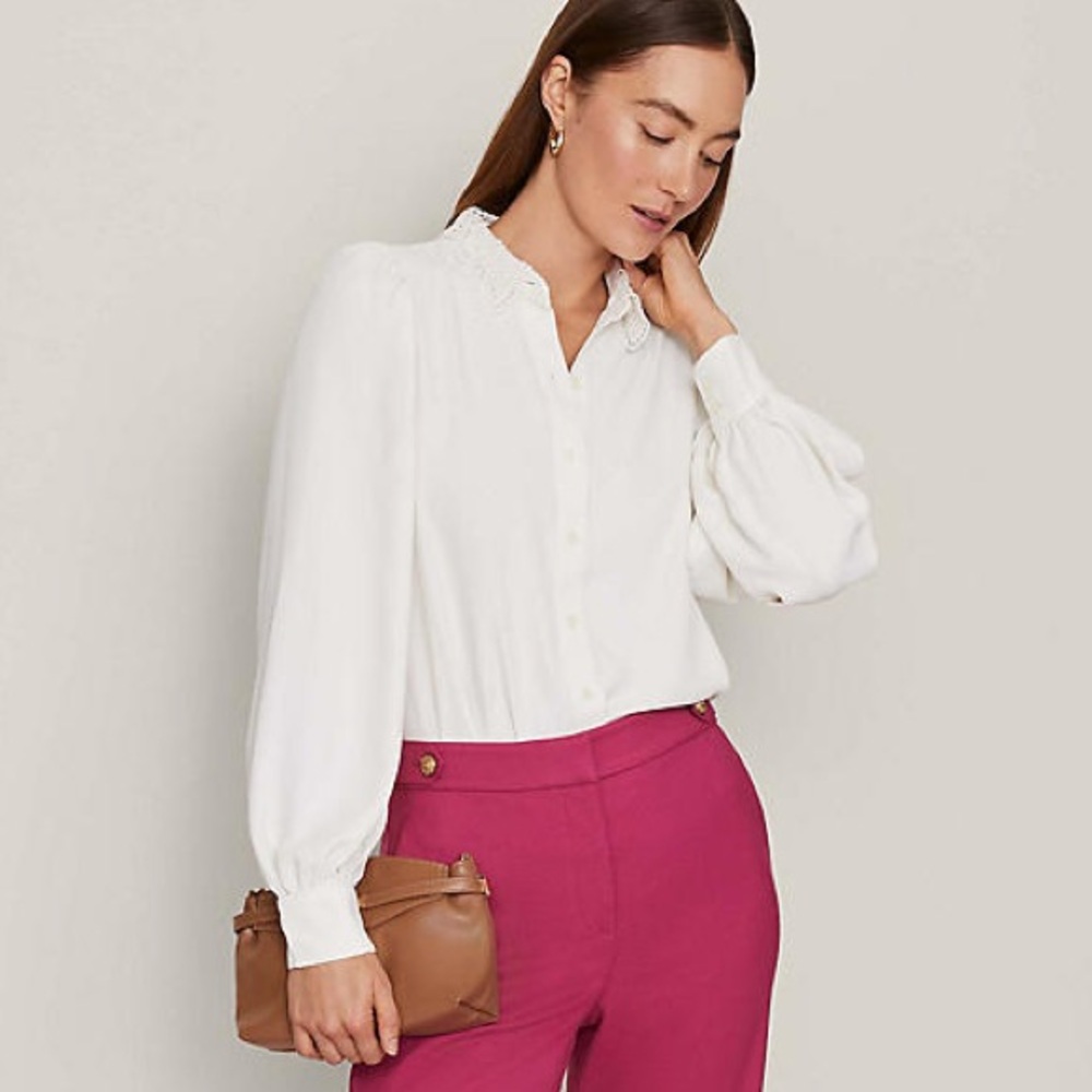 ANN TAYLOR NWT XS Lace Collar Blouson Sleeve Shirt in Winter White • Ivory Cream
